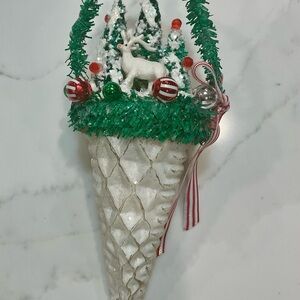 Festive Holiday Cone Christmas decor with Deer snowed trees and mini balls